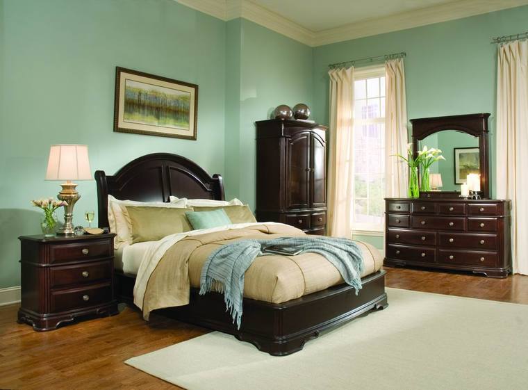 light green bedroom  ideas  with dark  wood furniture  
