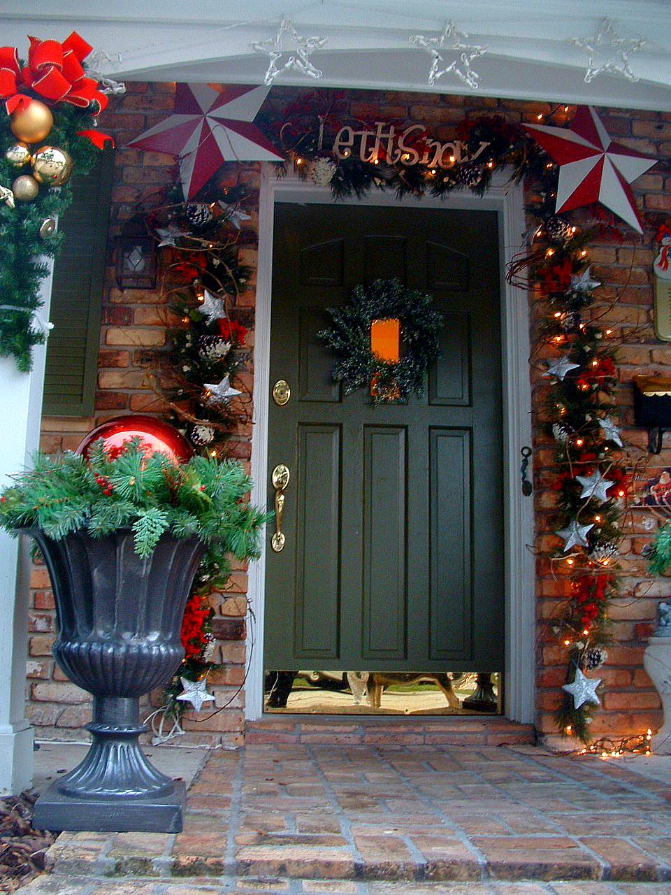 exterior stunning green door with sparkling lighting and crafted object as center part awesome front door christmas decorating ideas